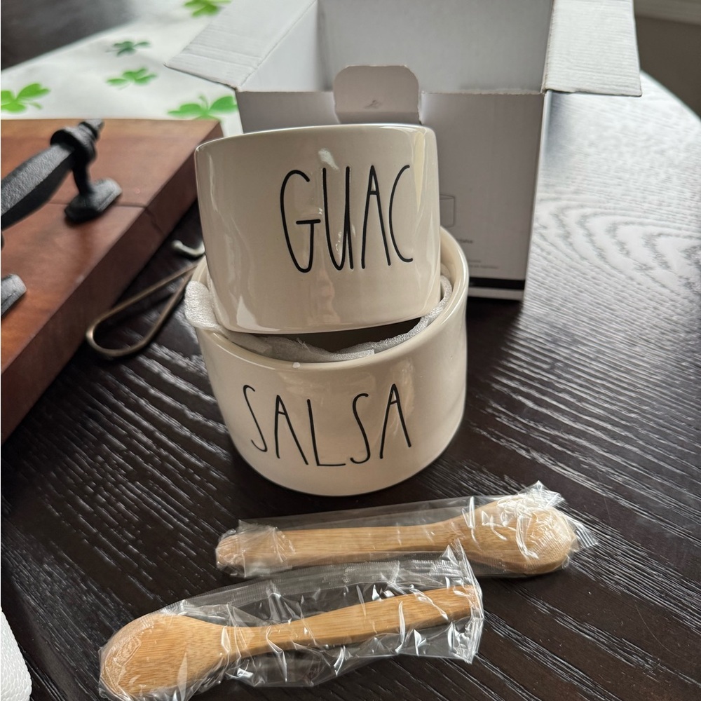 New Rae Dunn Guac and Salsa Bowls with Wooden Spoons